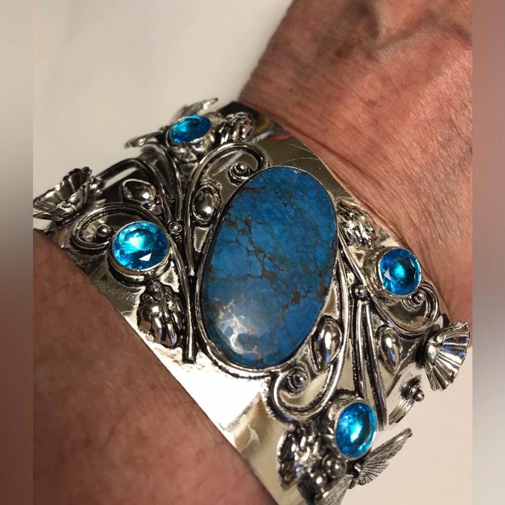 Turquoise Blue Topaz Stamped 925 Sterling Silver Cuff Bracelet 115$